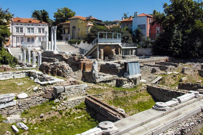 Panorama of Ruins of Roman Odeon in city of Plovdiv, Bulgaria