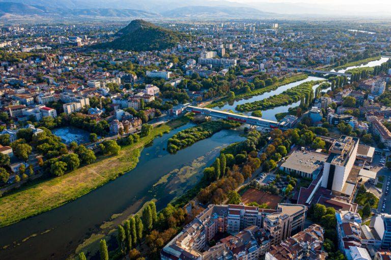 Plovdiv, Plovdiv, Bulgaria 8.1.2019 - Aerial view of Maritsa river crossing by Plovdiv