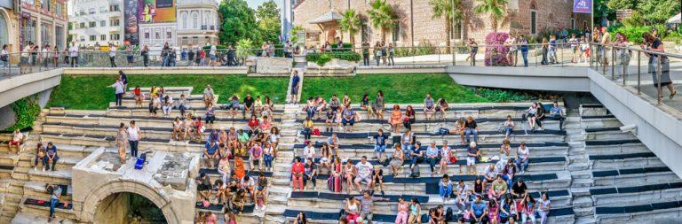 Many people in the Knyaz Alexamder Street in Plovdiv, Bulgaria, on a sunny summer day