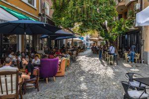 Bar on a paved street in Kapana area of historic part of Plovdiv