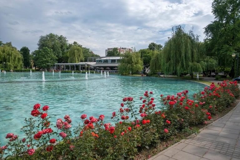 Sunset view of Singing Fountains at Tsar Simeon Garden in City of Plovdiv, Bulgaria